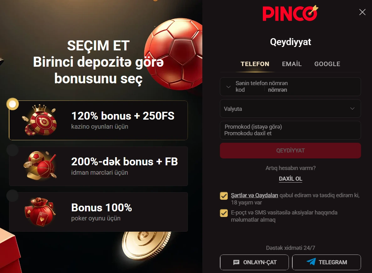 Pinco qeydiyyat Azərbaycan üçün hesab açılışı və giriş